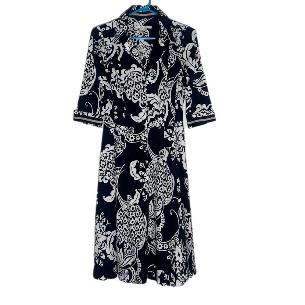 Zara Black White Floral Shirt Dress Button Front Long Sleeve Midi Women